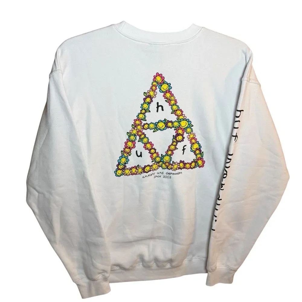 HUF Triple Triangle Anxiety and Depression Smiley Flower Crewneck Sweatshirt- L